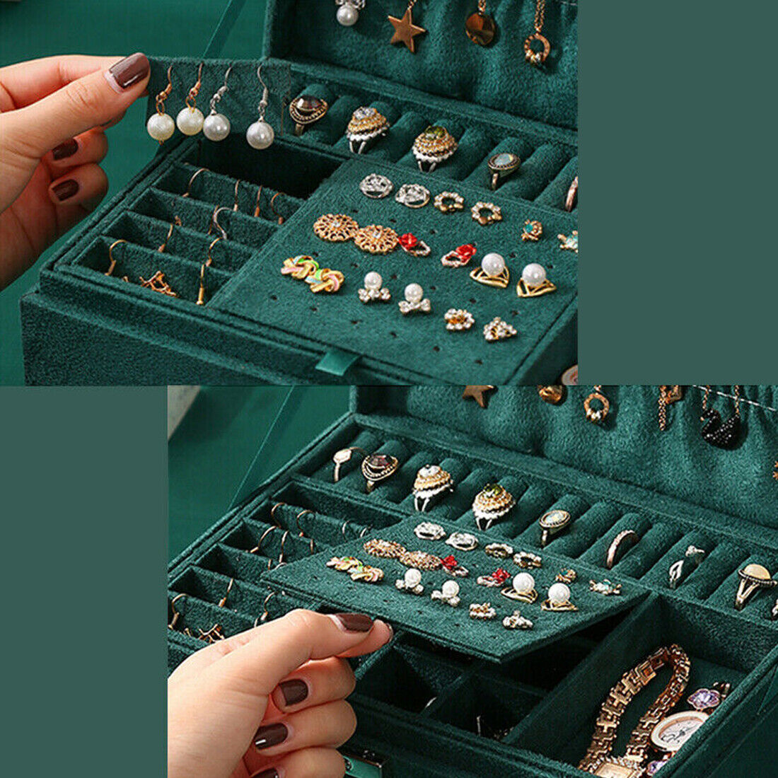 3-Layer Large Jewelry Box by edenista in green velvet with multi-compartment organizer