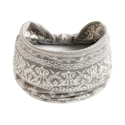 Bohemian cashew yoga headband in beige with white paisley pattern, cj brand