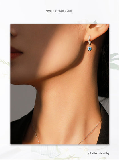 Women's sea blue artificial diamond drop earrings on a delicate hoop