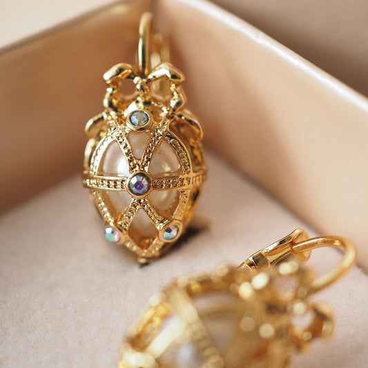 Vintage Easter Egg Bow Pendant Pearl Earrings Hollow Out by edenista