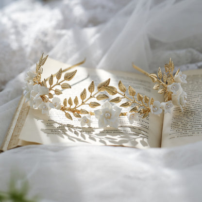 Hair band with gold leaf and silver leaf branches and white ceramic flowers