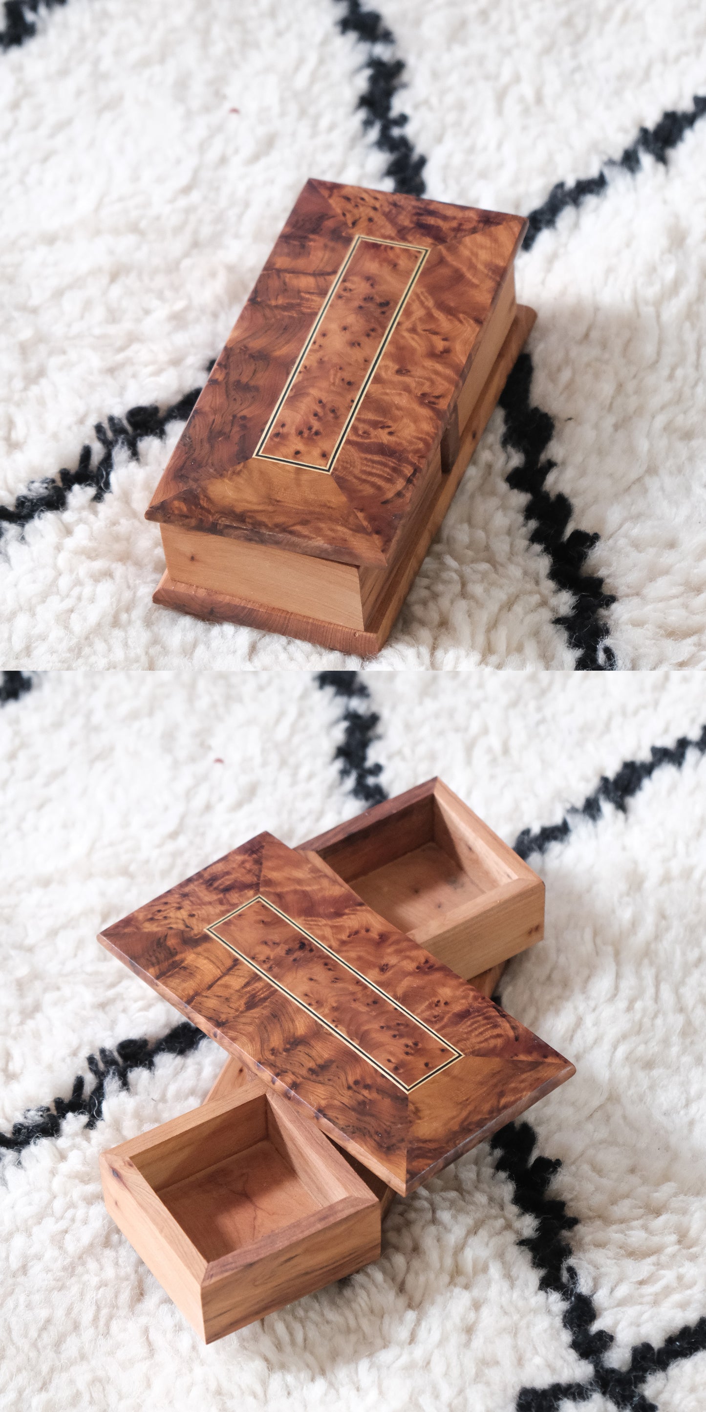 Moroccan handmade rotating wooden jewelry box in burl wood with a gold-tone rectangular inlay, edenista.