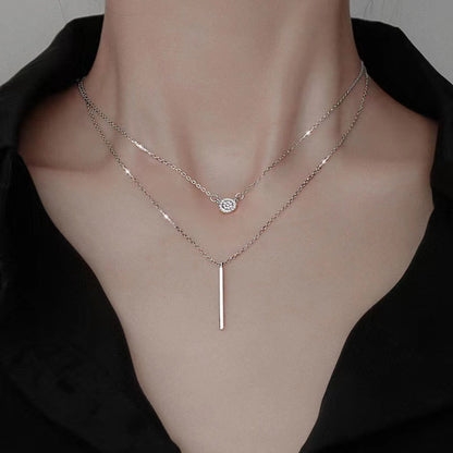 S925 Silver Color Double Chain Long Stick Micro Pave Zircon Round Pendant Necklaces For Women Trendy Jewelry by edenista