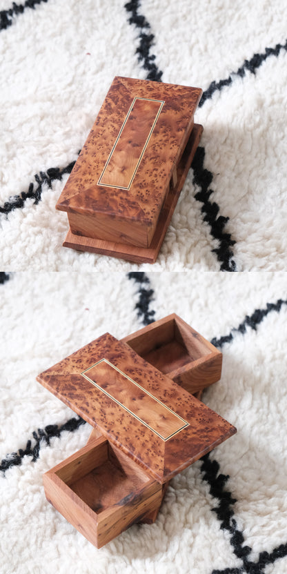Moroccan handmade rotating wooden jewelry box by edenista, burl wood finish with gold-tone rectangular inlay