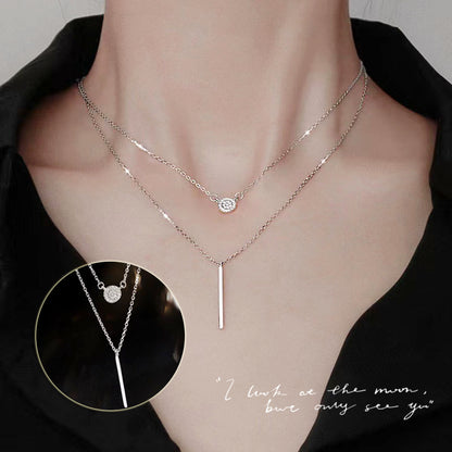 S925 Silver Color Double Chain Long Stick Micro Pave Zircon Round Pendant Necklaces For Women Trendy Jewelry by edenista