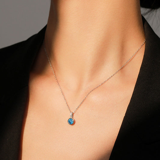 Women's sea blue artificial diamond pendant necklace on silver chain