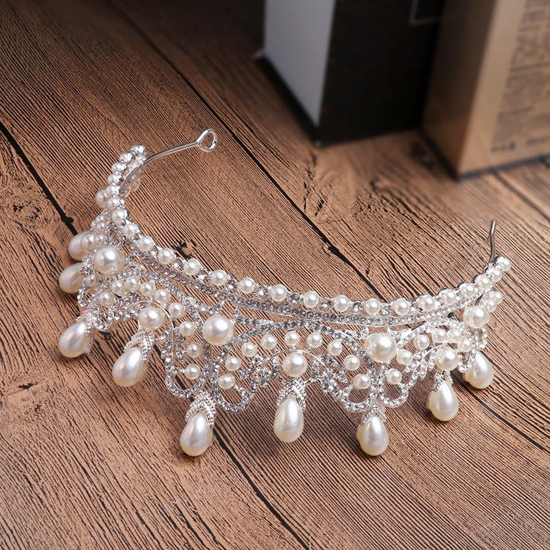 Bridal Super Fairy Crown Pearl Water Drop Tiara with crystals on silver-tone metal