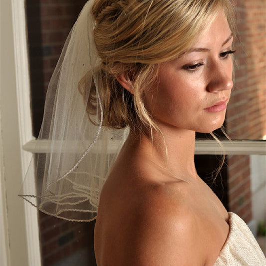 Bridal fashion short pearl veil, ivory with pearl trim, by CJ