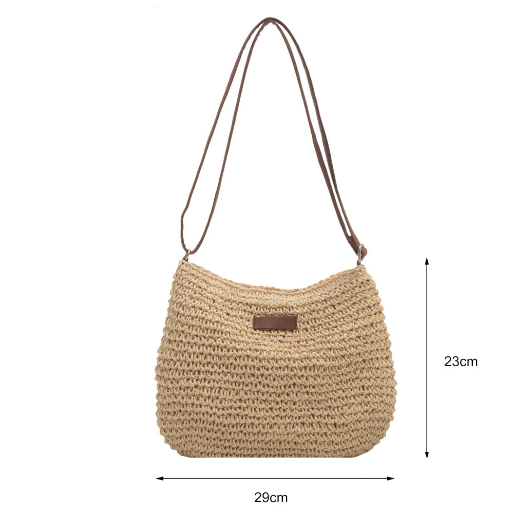 Niche Design Vacation Straw Tote Bag, CJ brand, natural woven straw with brown leather handles and front patch