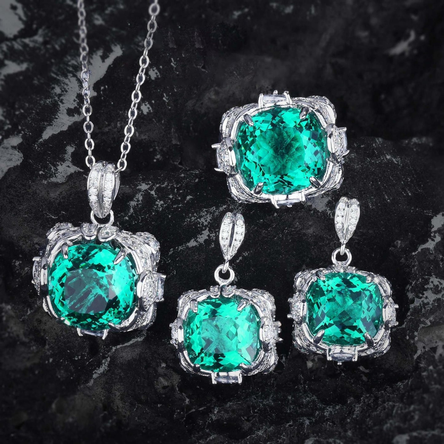 cj Women's All-Match Ring Necklace and Earrings Suite with emerald-green stones, silver settings and diamond accents