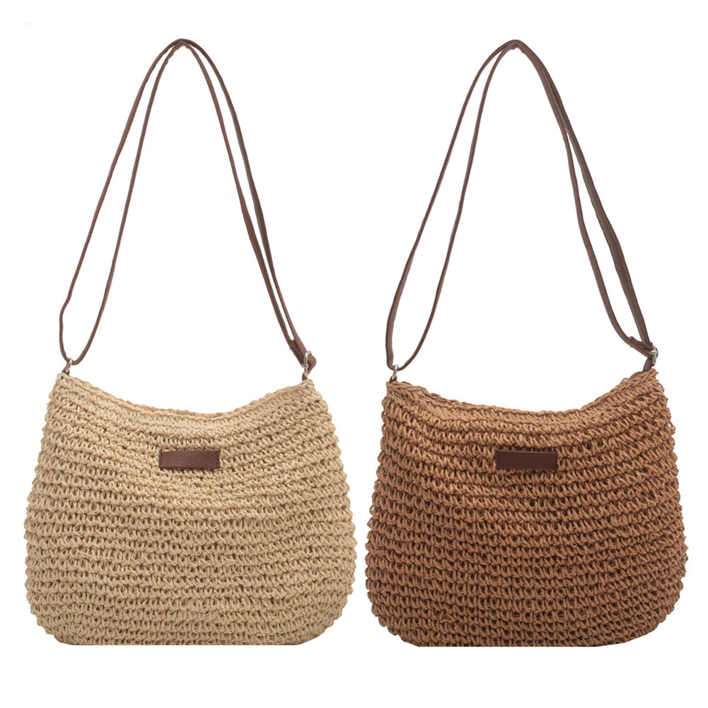 Niche Design Vacation Straw Tote Bag pair; woven straw totes in beige and brown with long brown straps
