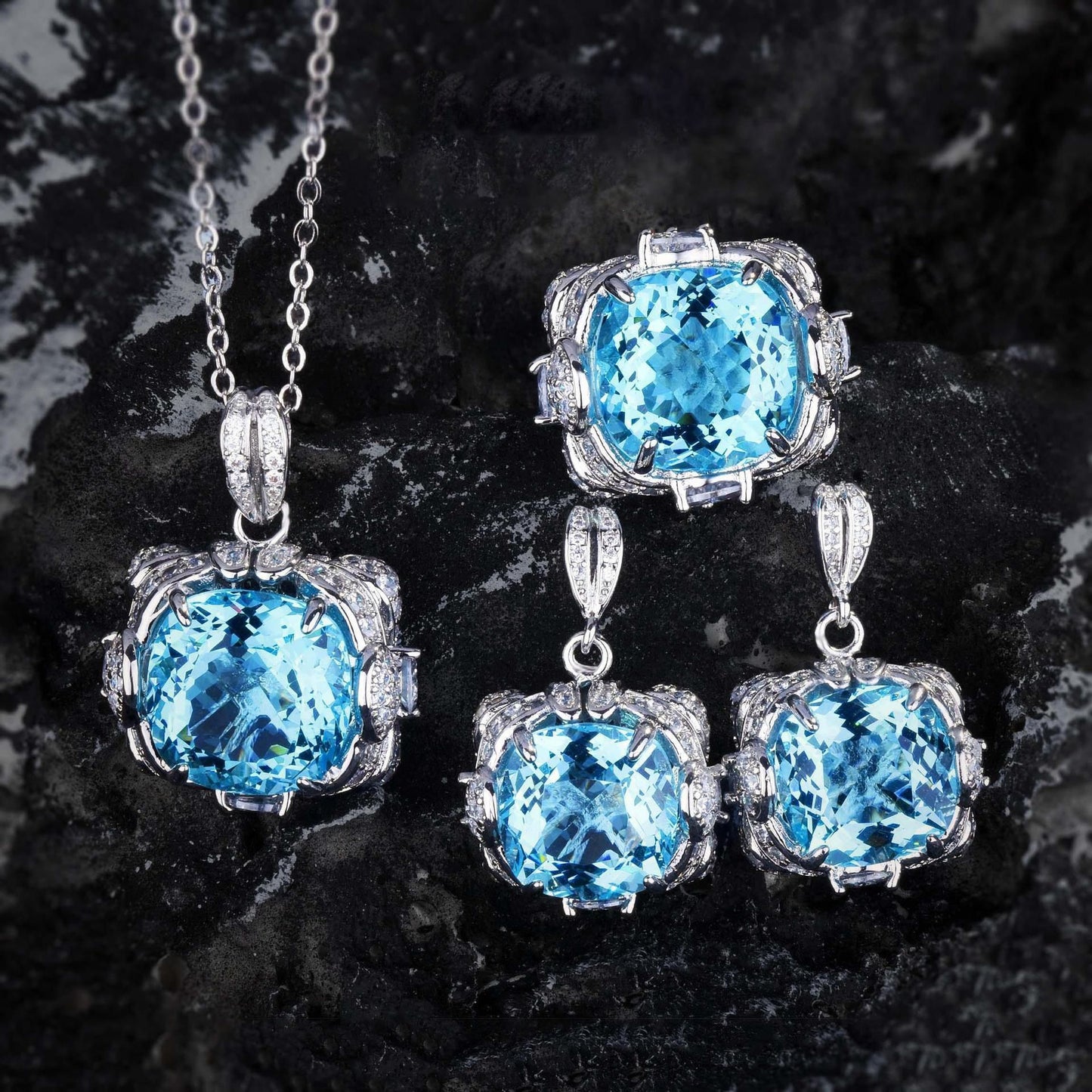 cj Women's All-Match ring, necklace and earrings set with blue gemstones in silver-tone settings