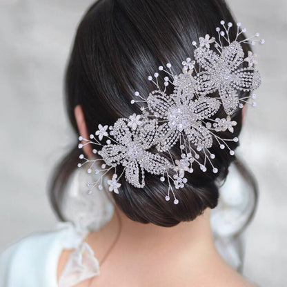Flower rhinestone hair band for bridal wedding; silver crystal floral design