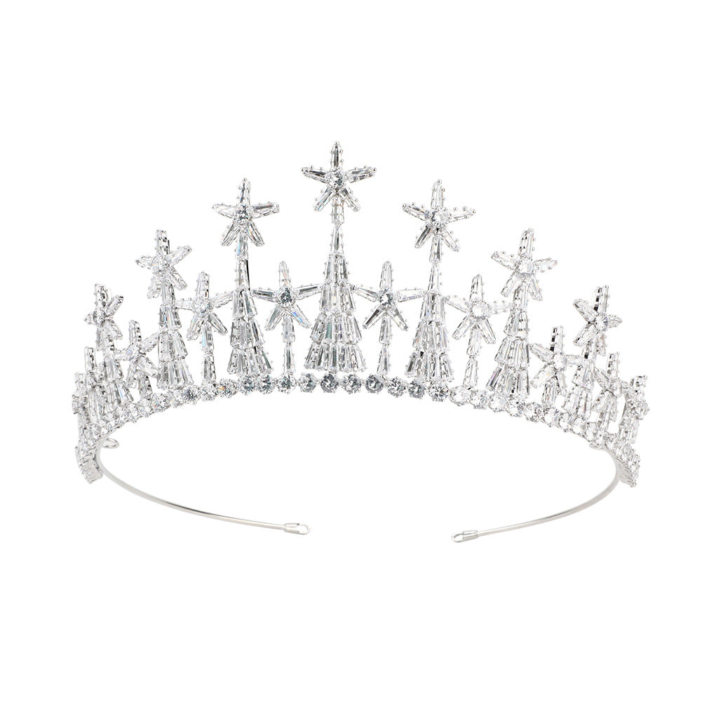 Zircon bridal crown tiara with crystal-clear stones and silver-tone band
