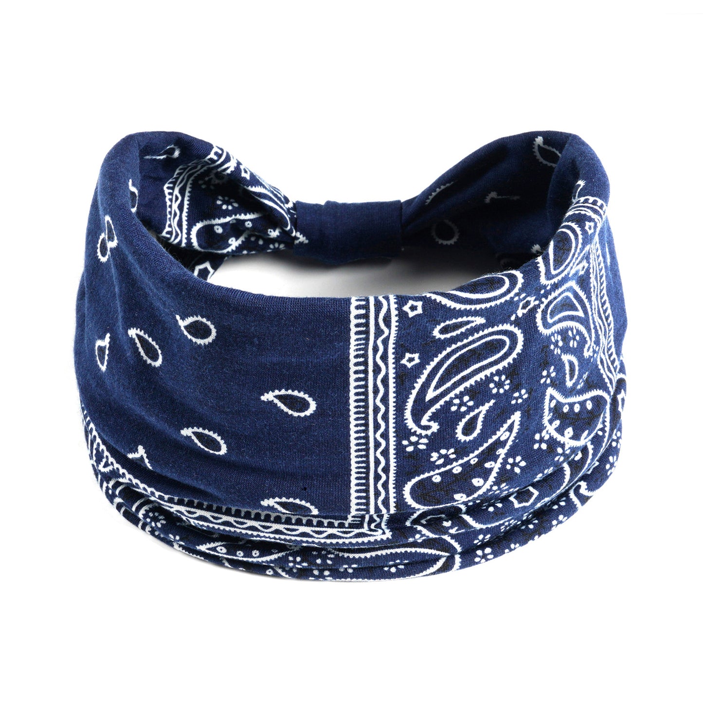Bohemian Cashew Yoga Sports Headband in navy blue bandana print; absorbent