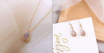 Crystal Water Drop Pendant Necklace and matching lilac drop earrings – CJ two-piece set in gold-tone