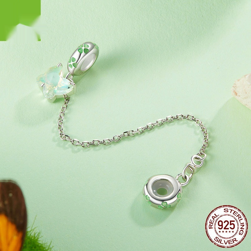 925 silver bead bracelet with 2 charms: green clover accents and mint gemstone pendant by CJ