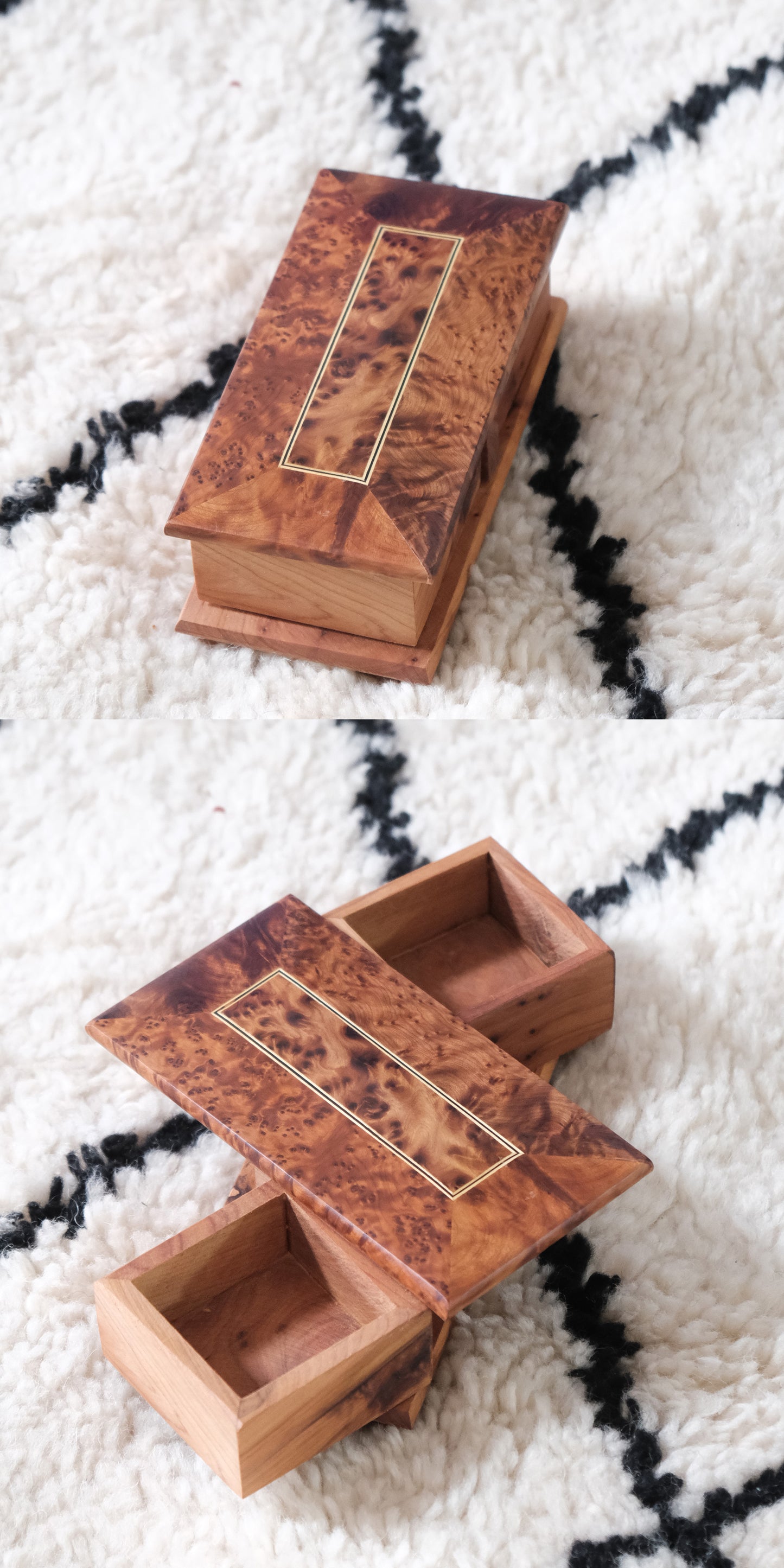 Moroccan handmade rotating wooden jewelry box with burl wood lid and gold-framed rectangle