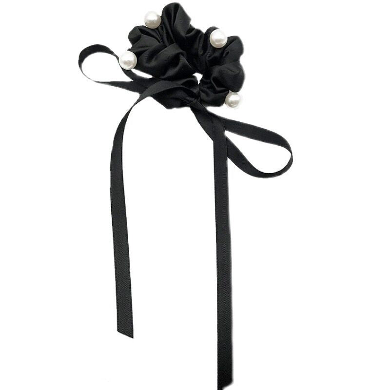 CJ Women's black pearl ribbon hairband with bow knot and long satin ribbons
