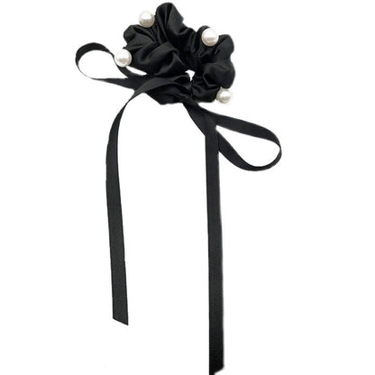 CJ Women's black pearl ribbon hairband with bow knot and long satin ribbons