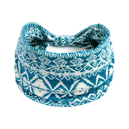 Yoga headband in blue and white geometric print by cj, absorbent athletic accessory