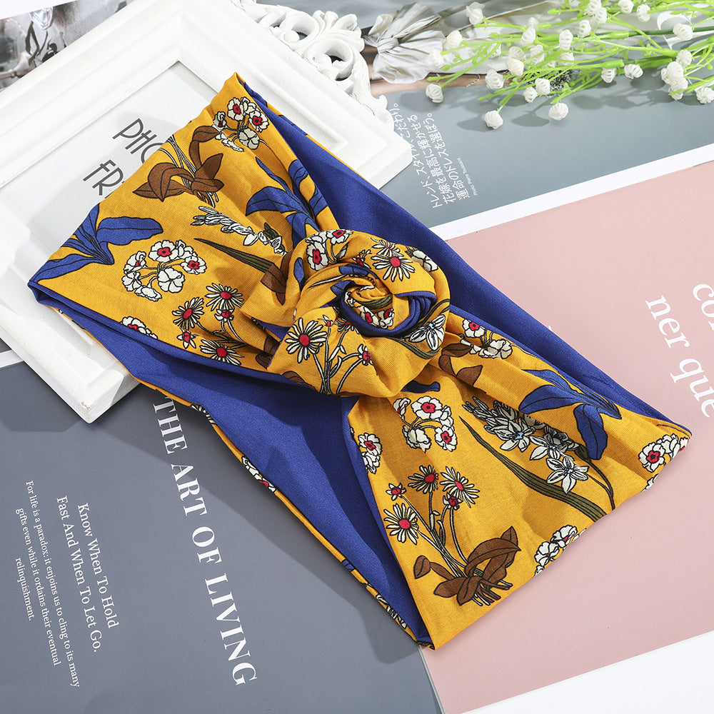 Hairband silk scarf with mustard yellow floral print and navy blue backing