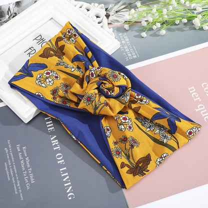 Hairband silk scarf with mustard yellow floral print and navy blue backing