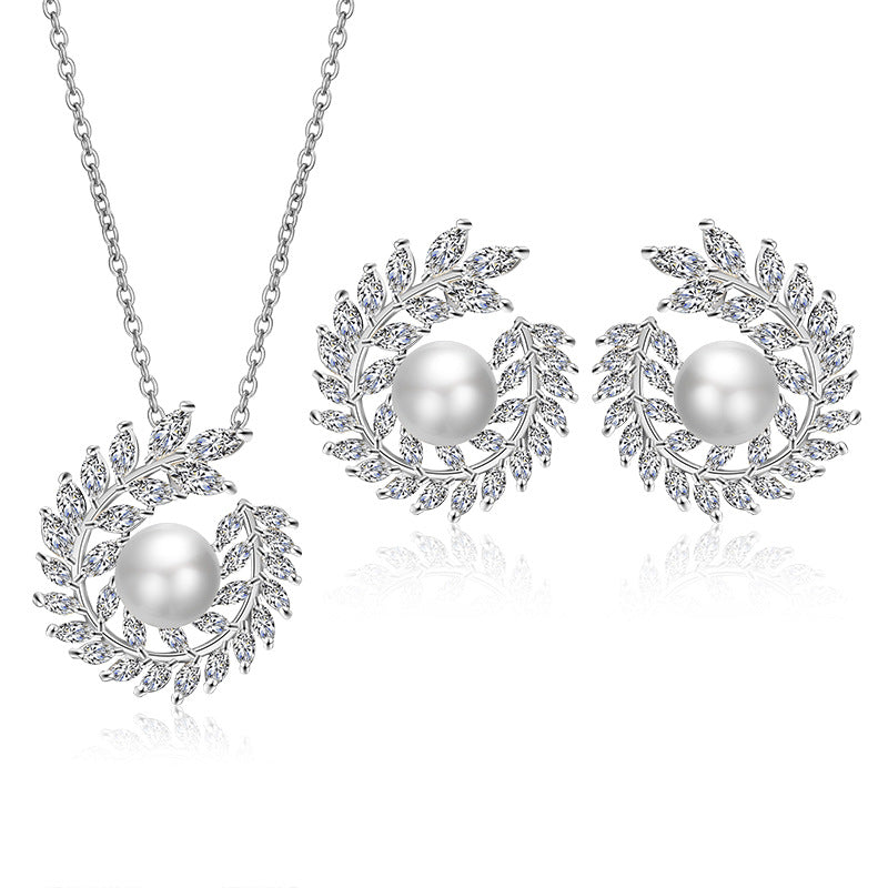 Ornament Sets Of Chain Female Temperament 3-piece silver-tone necklace with pearl pendant and crystal-leaf earrings, CJ