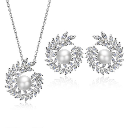 Ornament Sets Of Chain Female Temperament 3-piece silver-tone necklace with pearl pendant and crystal-leaf earrings, CJ