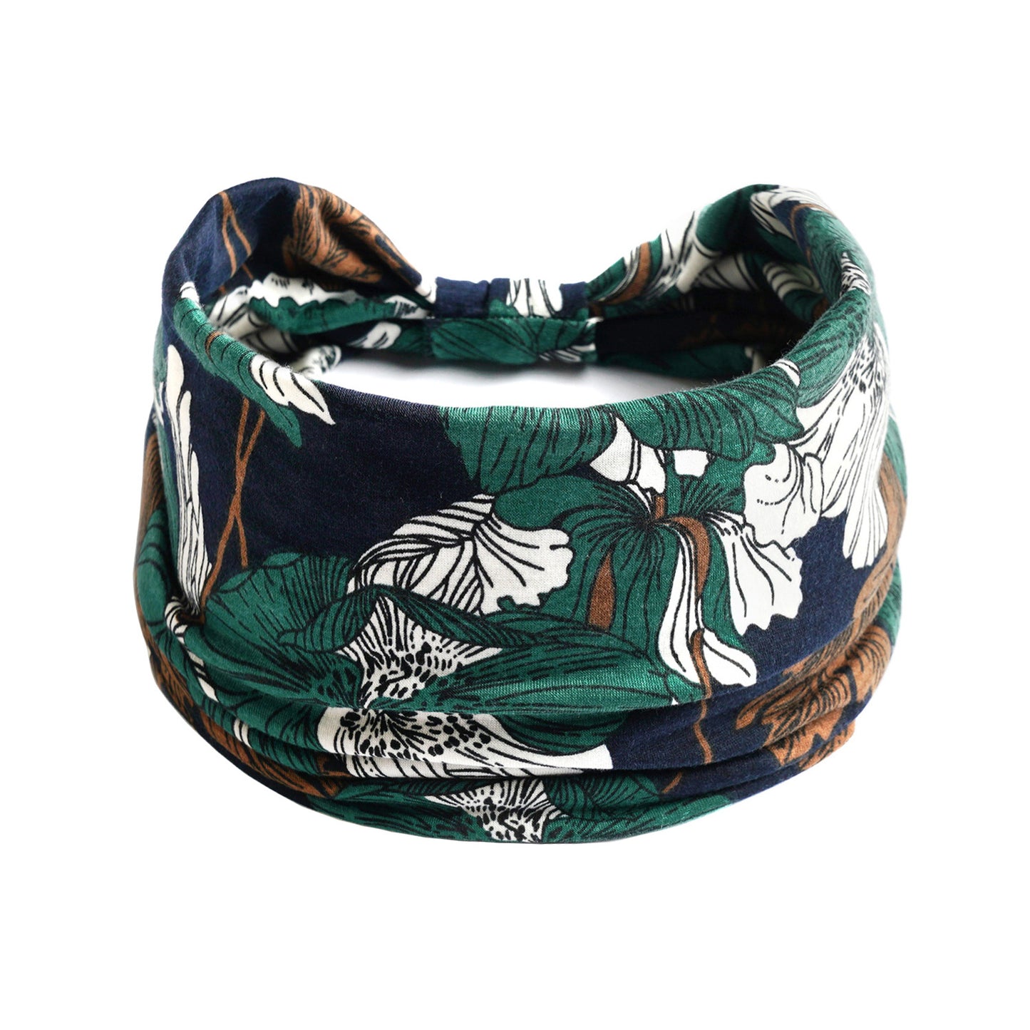Bohemian Cashew yoga sports headband; green, navy, white floral print, elastic, absorbent fabric