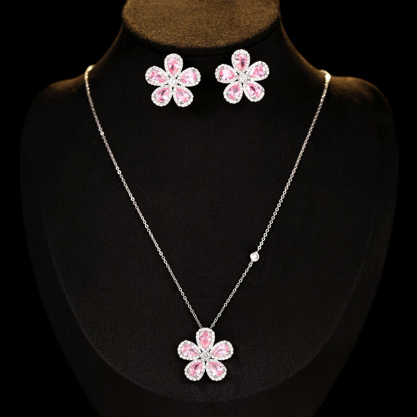 Jewelry set by cj: 2 pink zircon sunflower earrings and matching pendant necklace