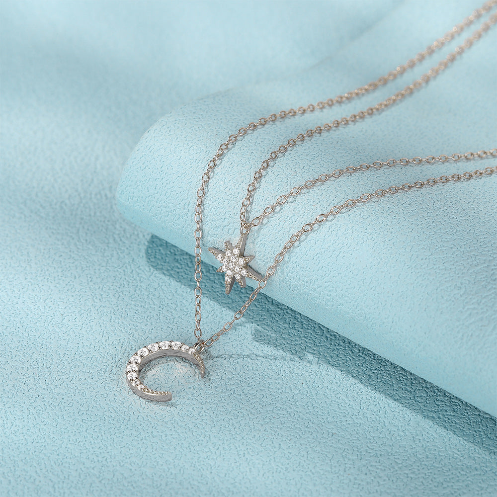 Women's S925 Sterling Silver Double Layer Twin Diamond Star And Moon Necklace by edenista