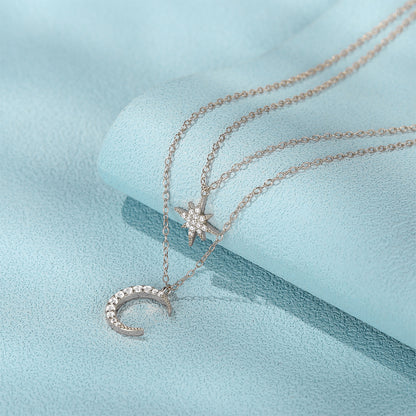 Women's S925 Sterling Silver Double Layer Twin Diamond Star And Moon Necklace by edenista
