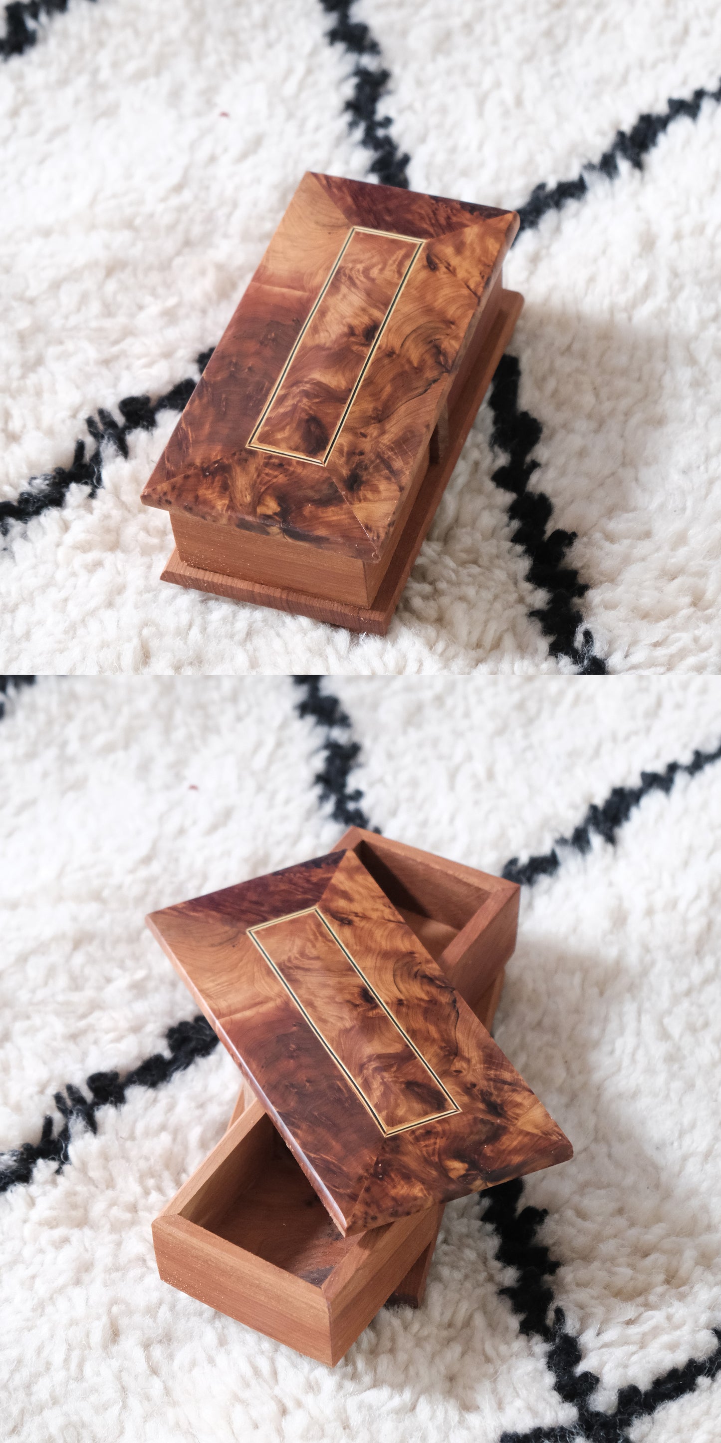 Moroccan handmade rotating wooden jewelry box in brown burl wood with a gold-edged rectangular lid