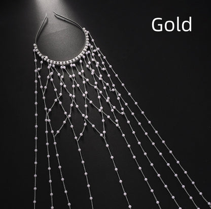 Gold pearl hairband with cascading bead strands for formal dresses