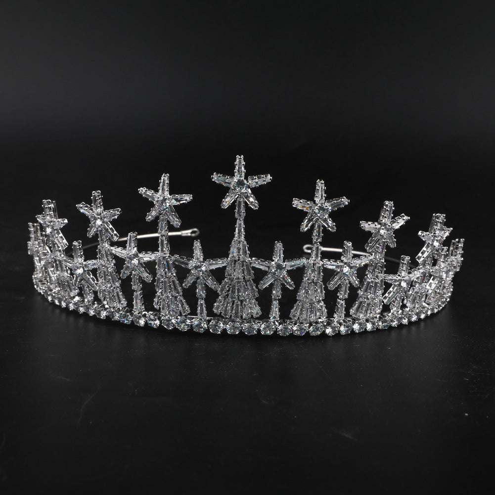 Zircon bridal crown tiara with crystal star motifs, silver-tone, cj brand