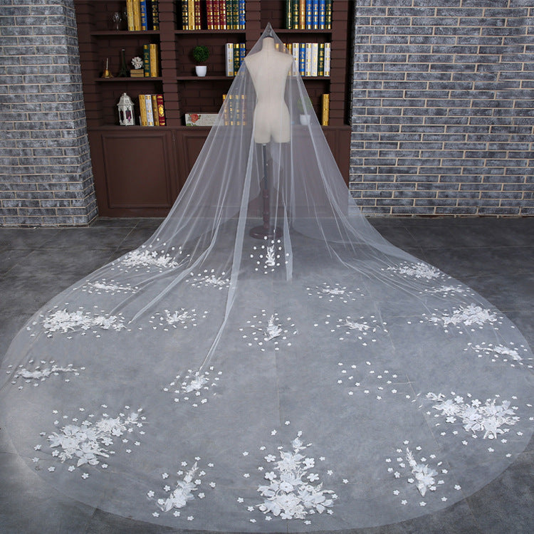 Bridal veil, 3 meters long tail style, sheer fabric with white floral lace embellishments, CJ brand