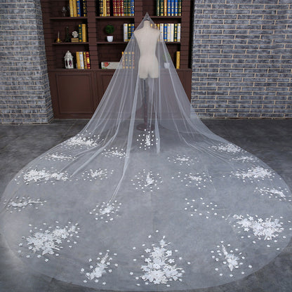 Bridal veil, 3 meters long tail style, sheer fabric with white floral lace embellishments, CJ brand
