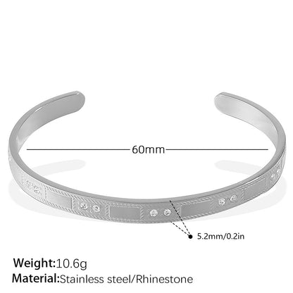 Buckle alloy open-end bracelet, stainless steel with rhinestones, 60mm length