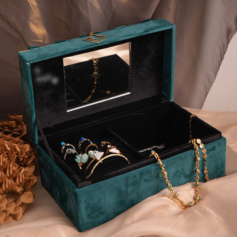 Jewelry storage box in teal velvet with a built-in mirror and black interior