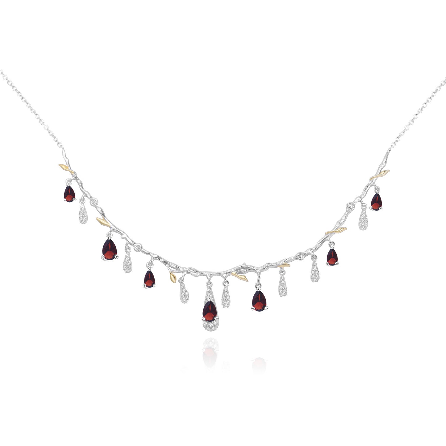 S925 silver natural topaz necklace with red teardrop gems and clear crystal drops