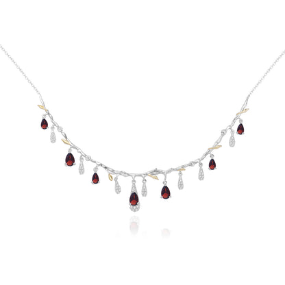 S925 silver natural topaz necklace with red teardrop gems and clear crystal drops