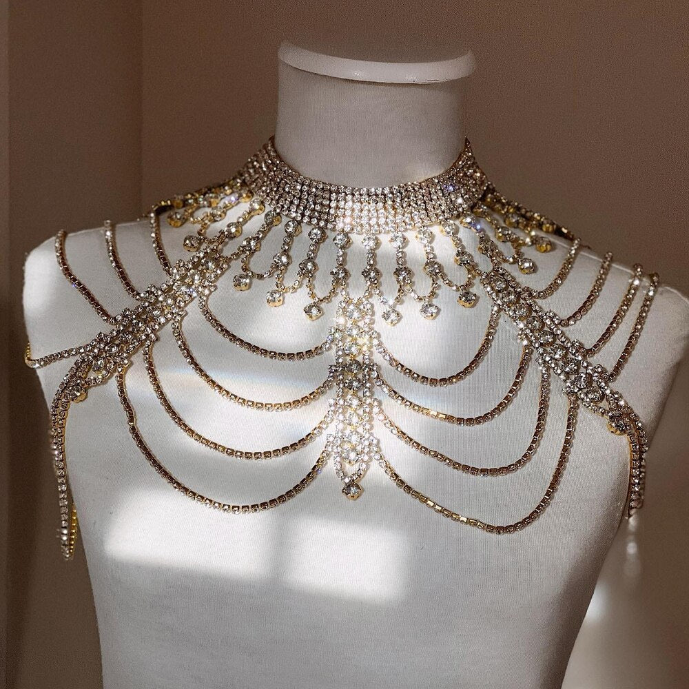 Shoulder chain necklace with rhinestones, gold-tone, by cj for formal dresses
