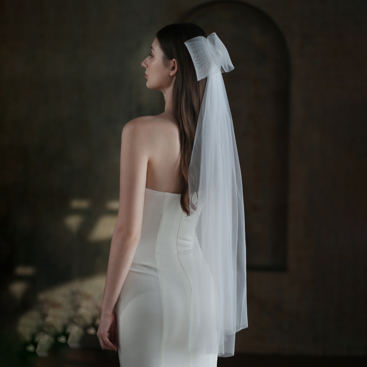 Super Fairy Elastic Mesh Bow Bridal Veil, long white veil with a sheer mesh bow.