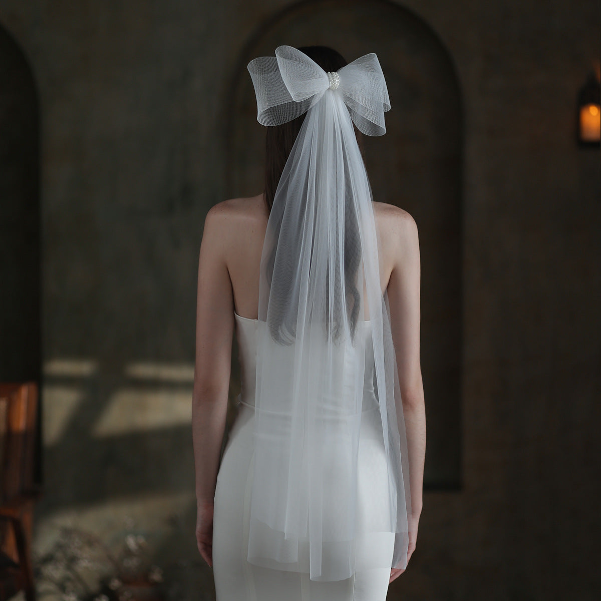 Super Fairy Elastic Mesh Bow Bridal Veil with large white bow and long tulle veil
