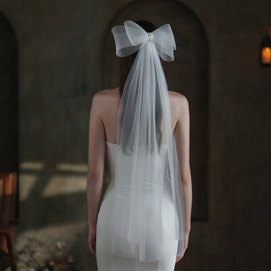 Super Fairy Elastic Mesh Bow Bridal Veil with large white bow and long tulle veil