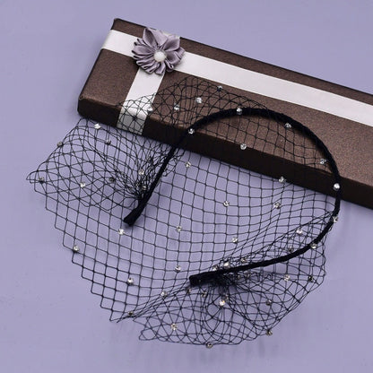 Rhinestone veil and mesh headband, black bridal headwear with crystal accents on netting