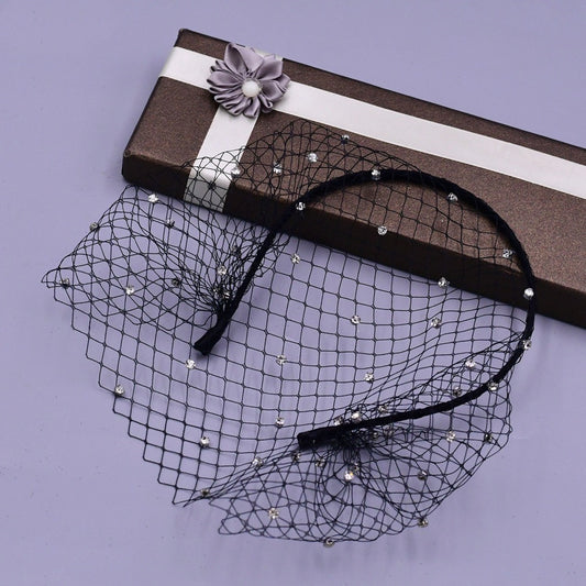 Rhinestone veil and mesh headband, black bridal headwear with crystal accents on netting