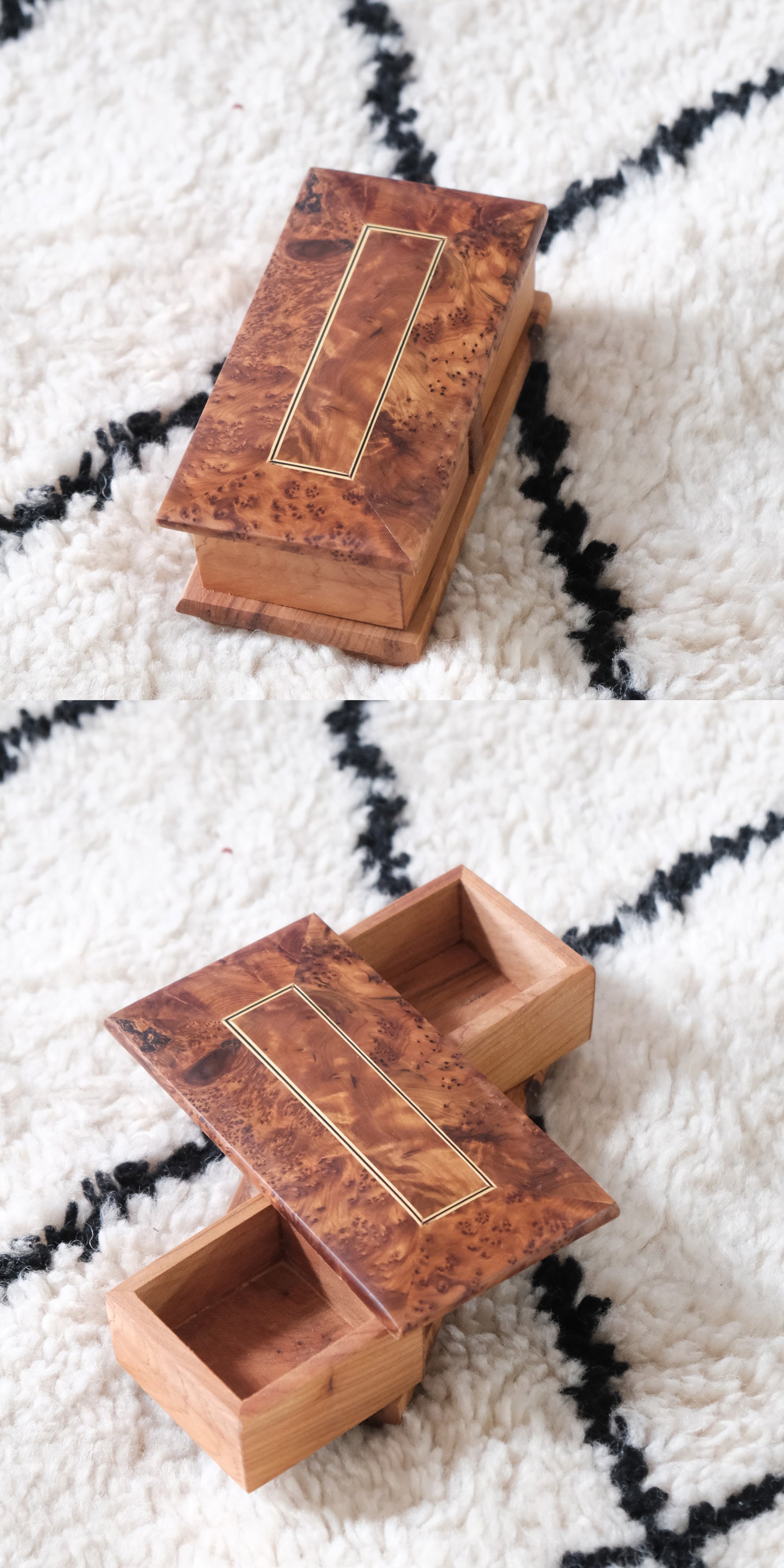 Moroccan handmade rotating wooden jewelry box by edenista; burl wood lid with gold border.