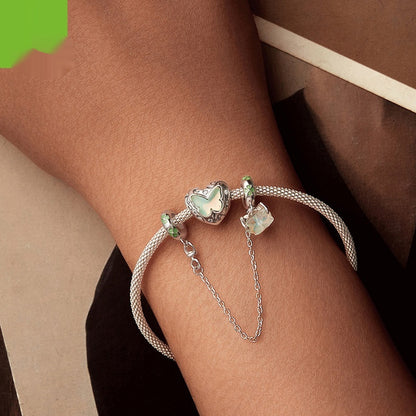 Bracelet: 925 silver beaded chain with butterfly charm and green enamel accents